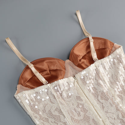 Leaf Detail Bustier Sequin Lace Maxi Dress Brown Nude HV2504