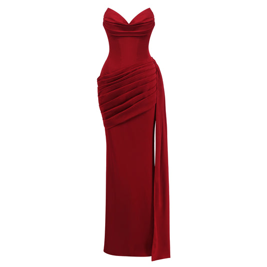 Strapless Draped Corset Maxi Dress Red HV0140