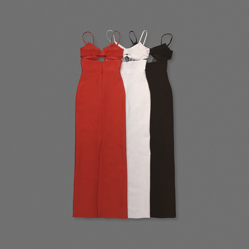 Bustier Draped Mesh Insert Maxi Dress Red HV2094