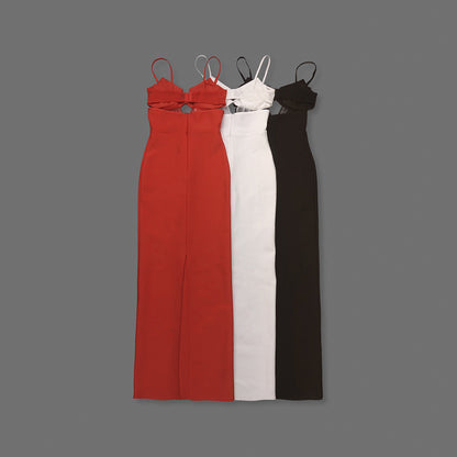Bustier Draped Mesh Insert Maxi Dress Red HV2094