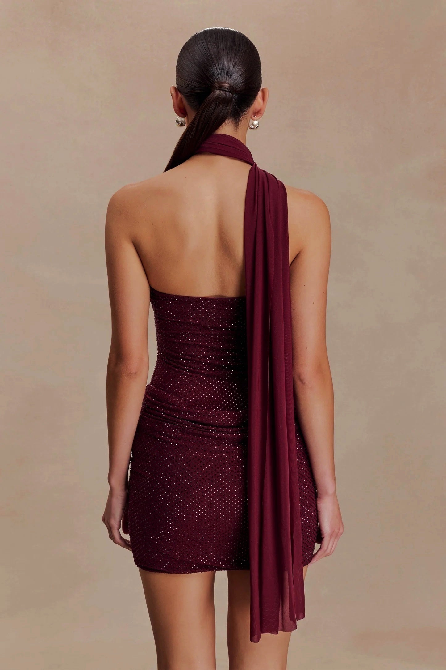 Halter Scarf Draped Sparkly Dress Burgundy HV2798