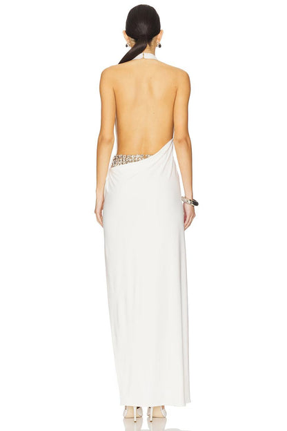 Halter Crystal Detail Backless Maxi Dress White HV2655