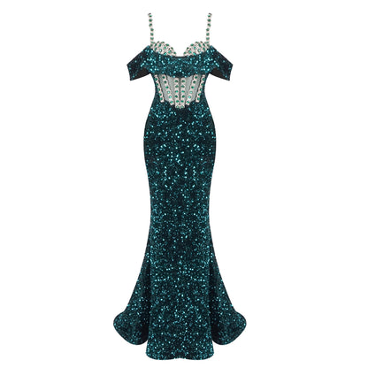 Crystal Corset Sequin Maxi Dress Green HV2002