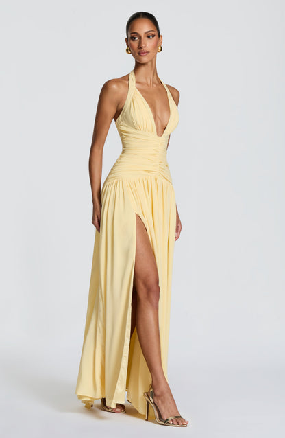 Halter Corset A Line Maxi Dress Yellow HV2960