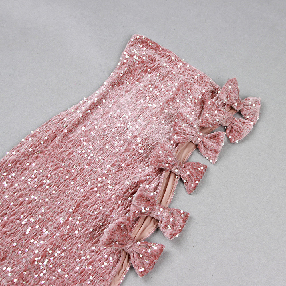 Strapless Bow Sequin Velvet Maxi Dress Pink HV9956