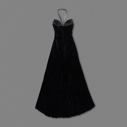 Halter Embellished Trim Maxi Velvet Dress Black HV1603