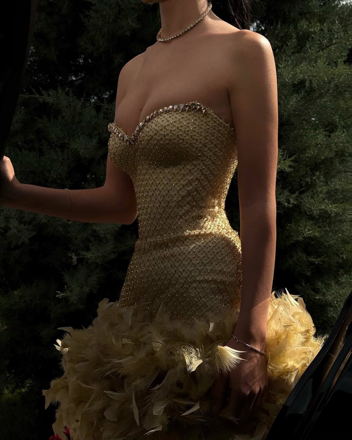 Crystal Strapless Feather Dress Gold HV2700