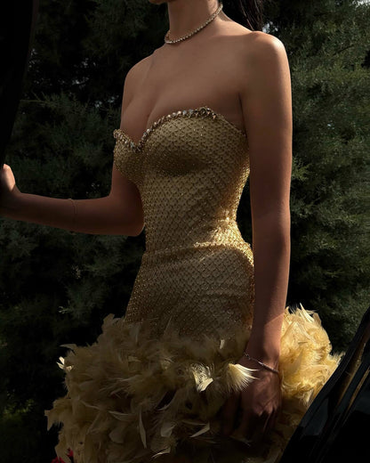 Crystal Strapless Feather Dress Gold HV2700