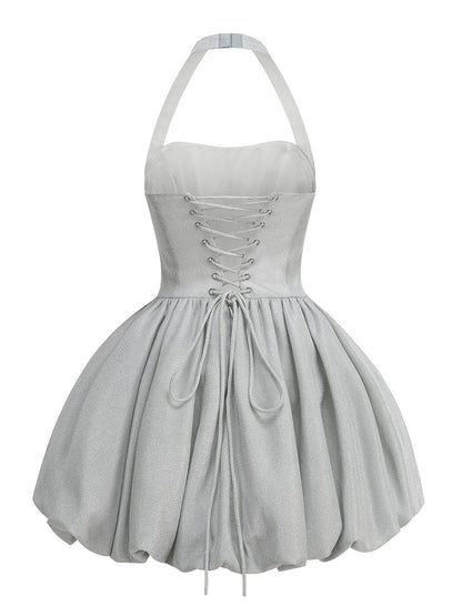 Halter Sparkly Bubble Corset Dress Silver HV2749