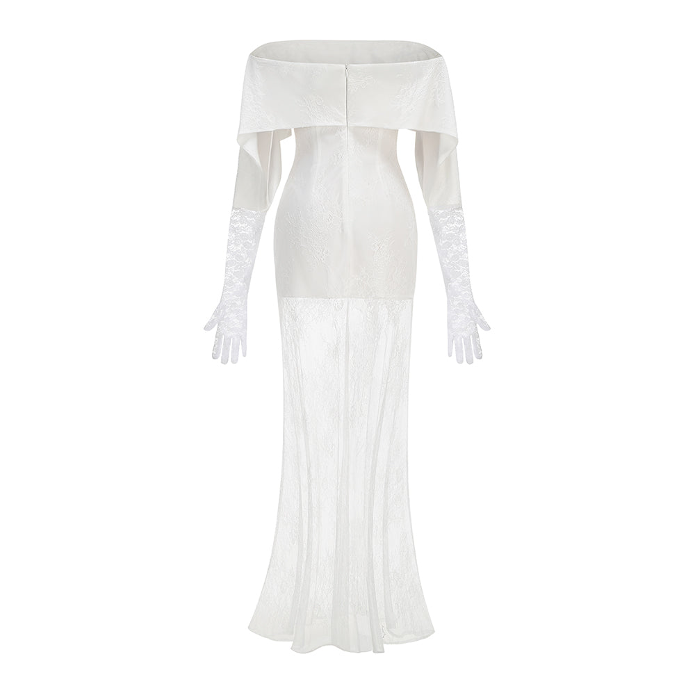 Lace Glove Sleeves Bardot Maxi Dress White HV3235