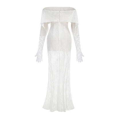 Lace Glove Sleeves Bardot Maxi Dress White HV3235