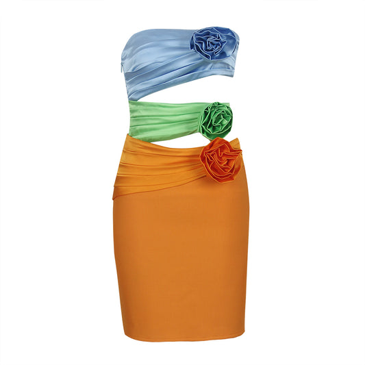 Strapless Flower Pleated Dress Blue Green Orange HV9330