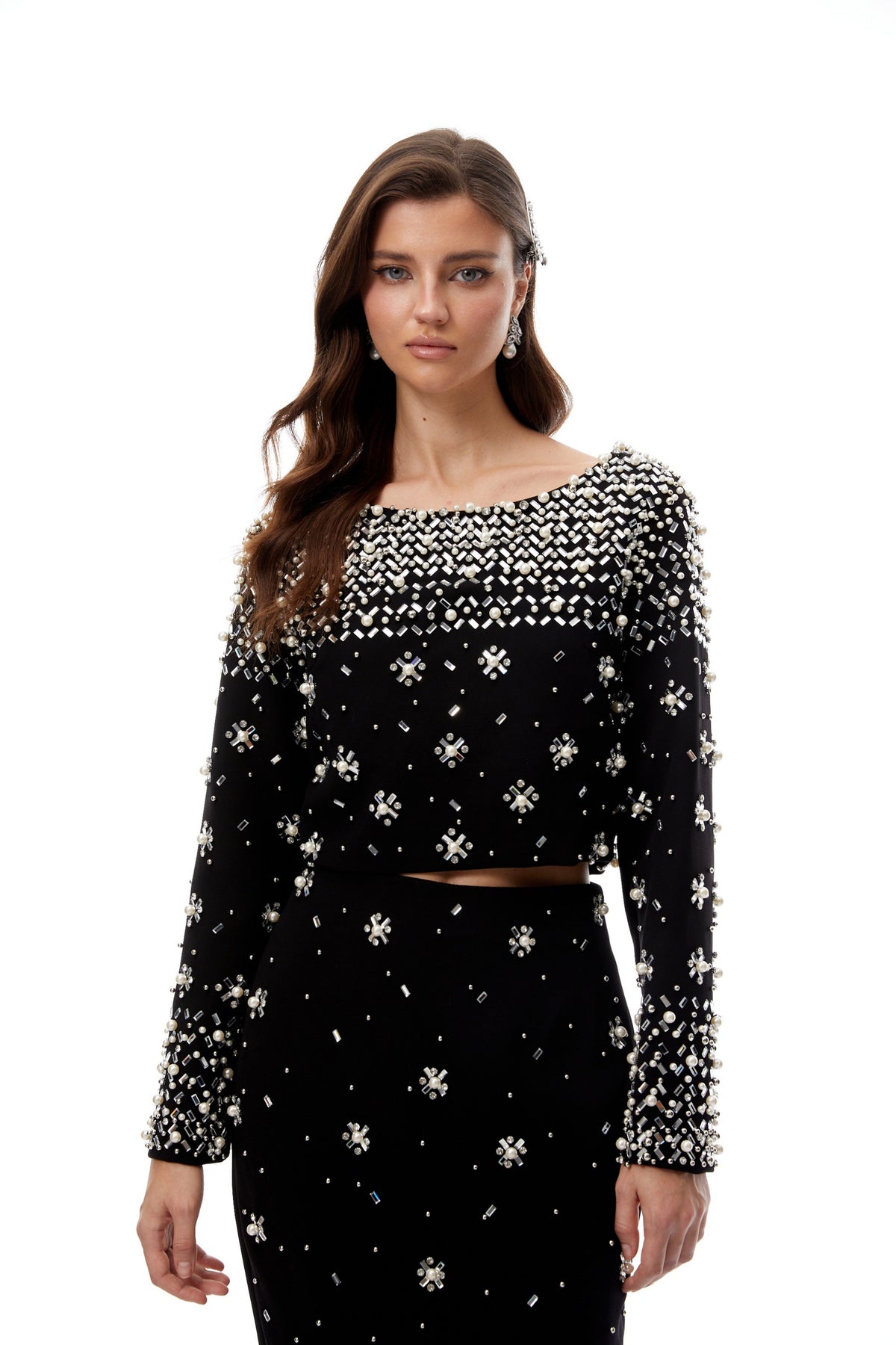 Long Sleeve Crystal Embellished Two Piece Maxi Dress HV3098