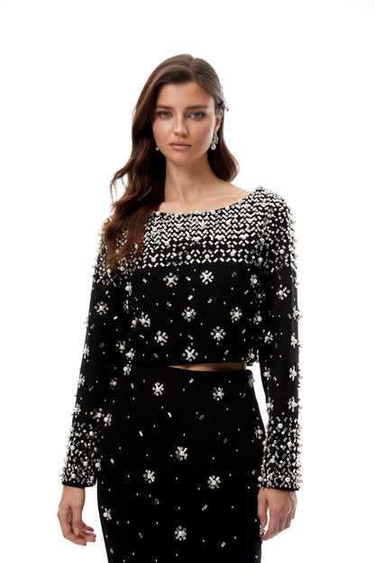 Long Sleeve Crystal Embellished Two Piece Maxi Dress HV3098