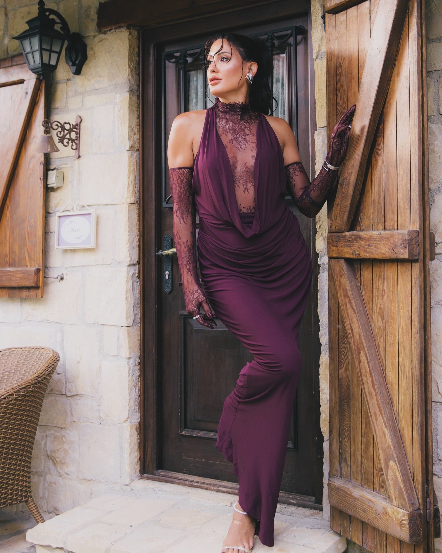 Halter Lace Insert Maxi Dress Plum HV1930