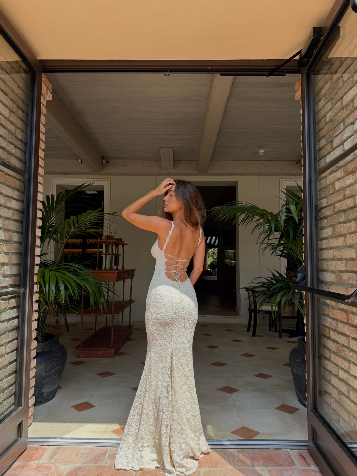 Strappy Lace Maxi Dress Ivory HV0161