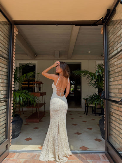 Strappy Lace Maxi Dress Ivory HV0161