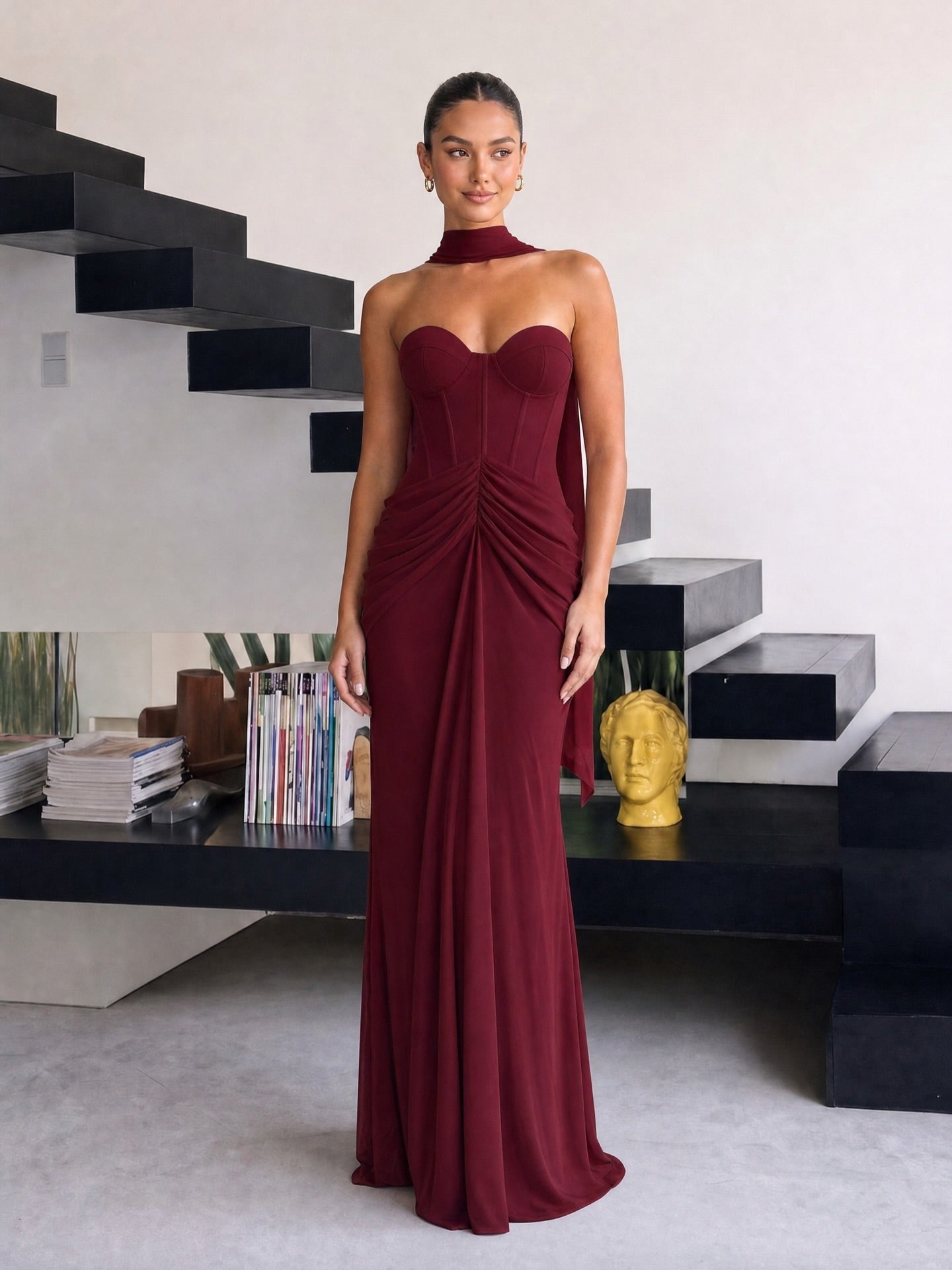 Strapless Draped Maxi Dress Burgundy HV2692