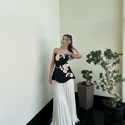 Strapless Floral Peplum Pleated Midi Dress Black White HV2612