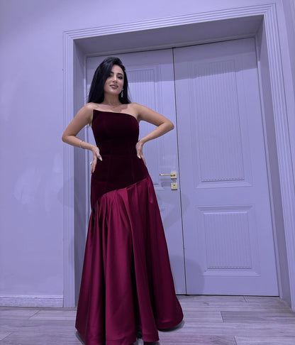Strapless A Line Maxi Velvet Dress Burgundy HV3186