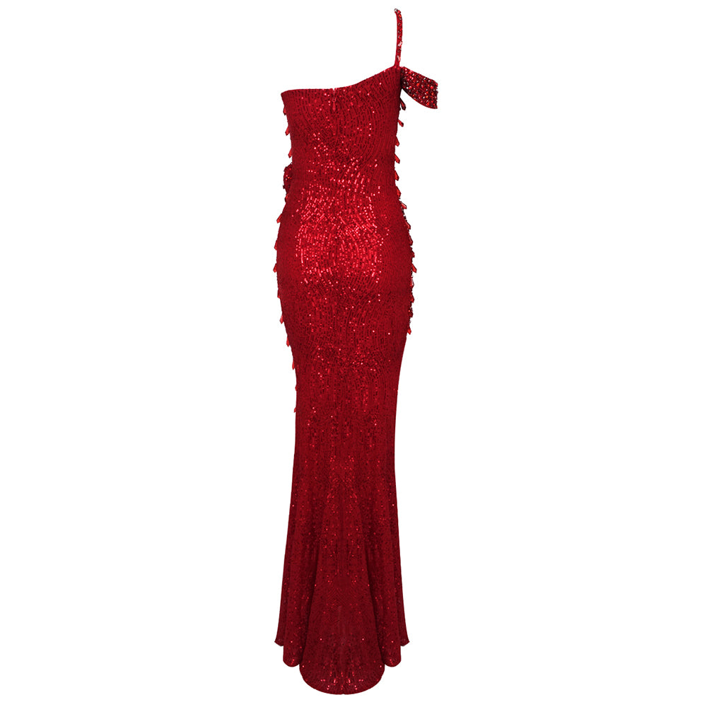 One Shoulder Crystal Sequin Maxi Dress Red HV1710