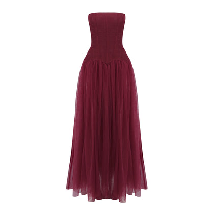 Strapless Structured A Line Maxi Dress Burgundy HV0086