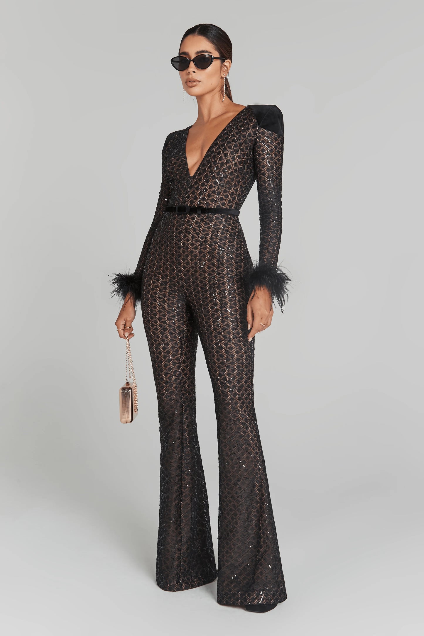 Feather Long Sleeve Sequin Jumpsuit Black HV1470