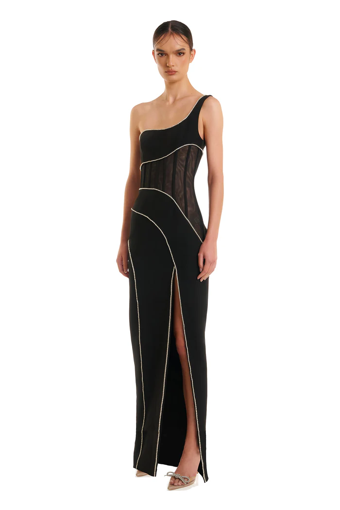 One Shoulder Structured Mesh Maxi Dress Black