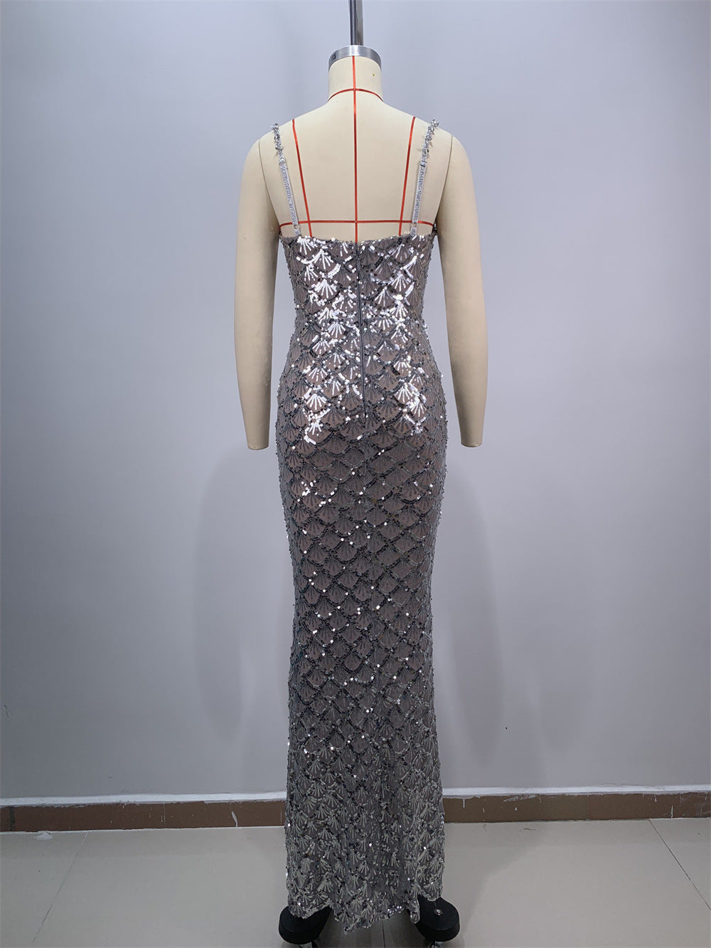 Crystal Bustier Sequin Maxi Dress Silver HV1627