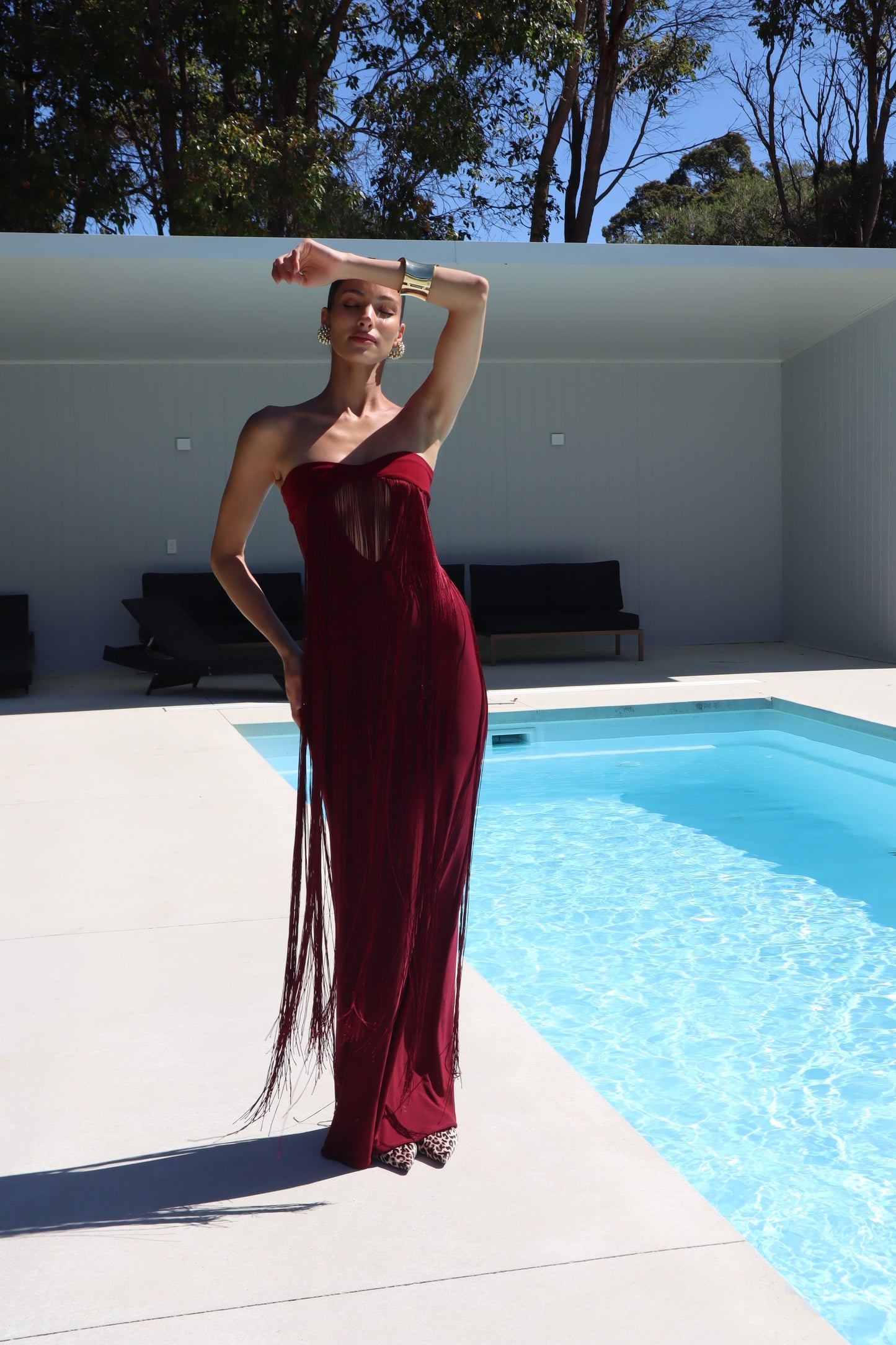 Strapless Tassel Maxi Dress Burgundy HV2688