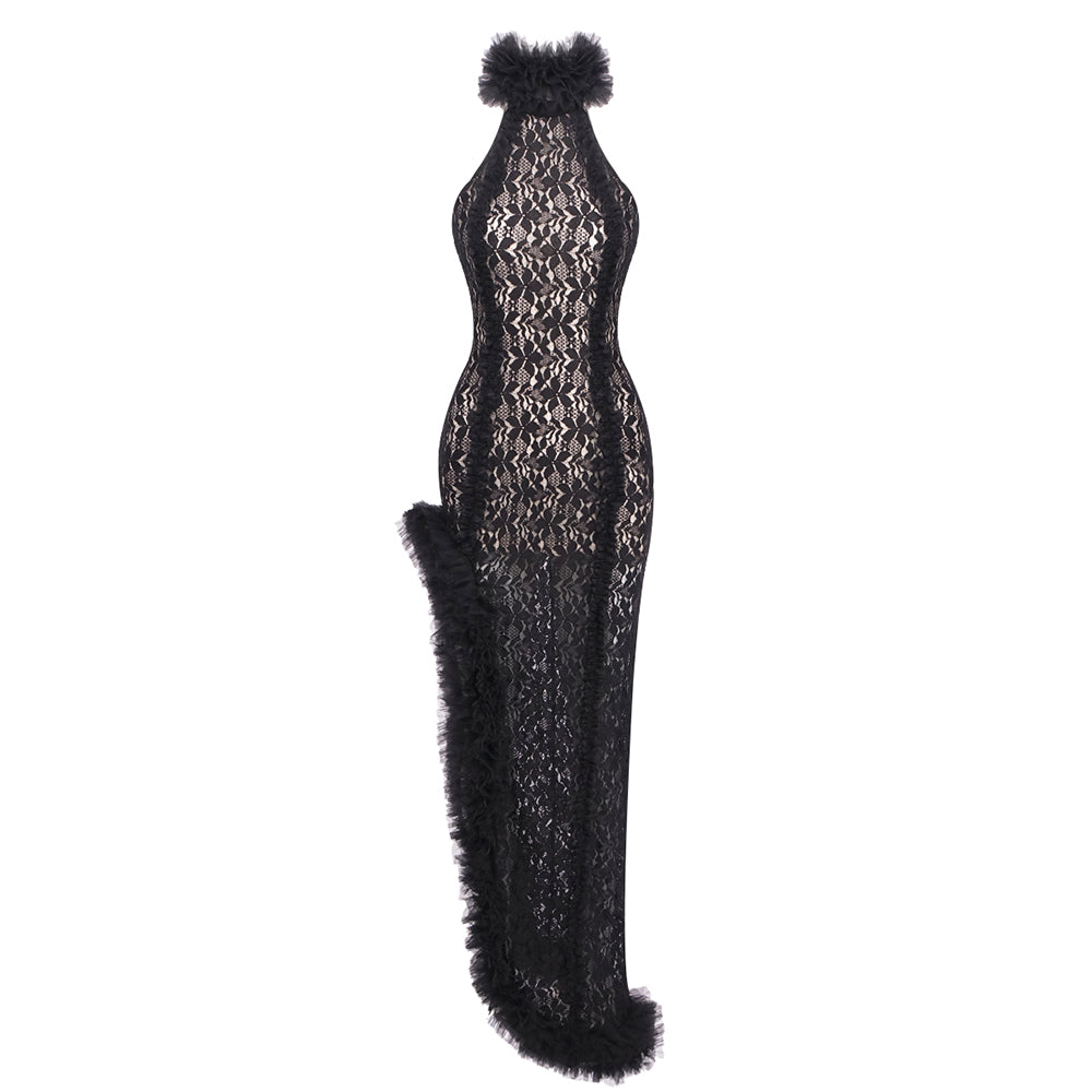 Halter Ruffle Detail Maxi Dress Black HV2685