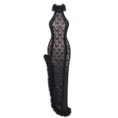 Halter Ruffle Detail Maxi Dress Black HV2685