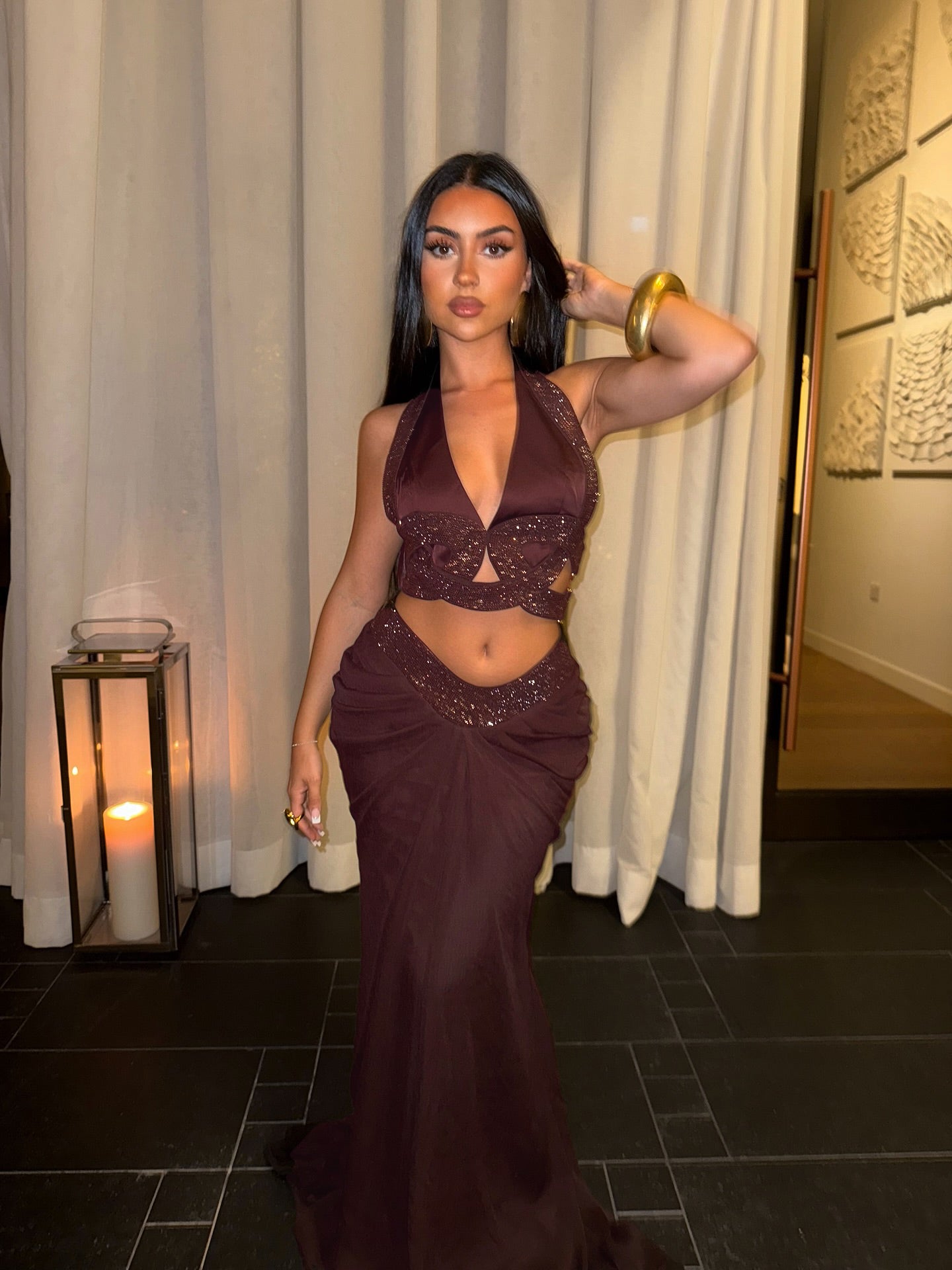 Halter Draped Two Piece Maxi Dress Brown Burgundy HV0072