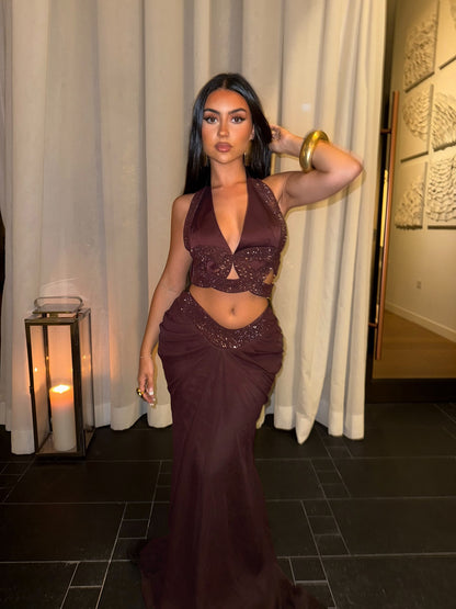 Halter Draped Two Piece Maxi Dress Brown Burgundy HV0072