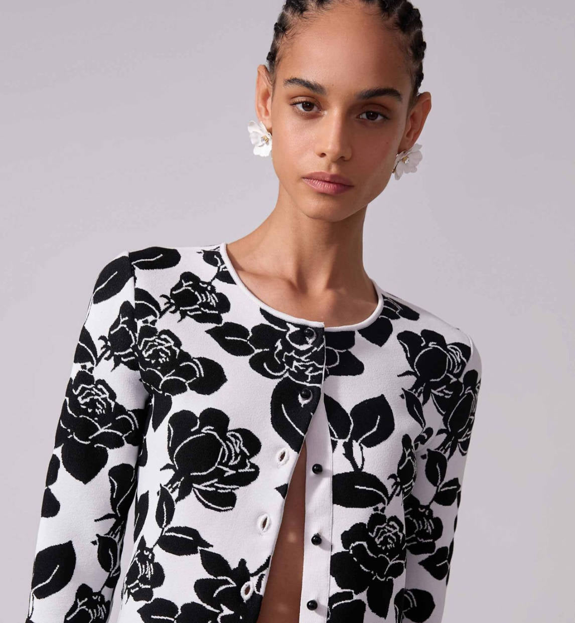 Long Sleeve Floral Two Piece Midi Dress Black White  HV2154