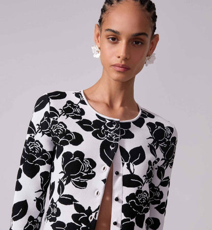 Long Sleeve Floral Two Piece Midi Dress Black White  HV2154
