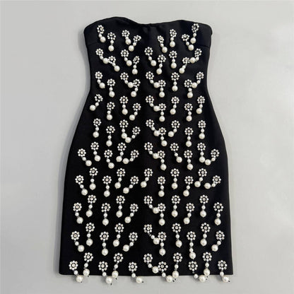 Strapless Crystal Pearl Embellished Dress Black HV2610