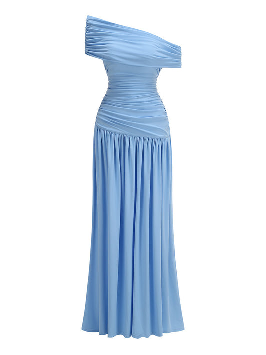 Draped Bardot A Line Maxi Dress Blue HV2671