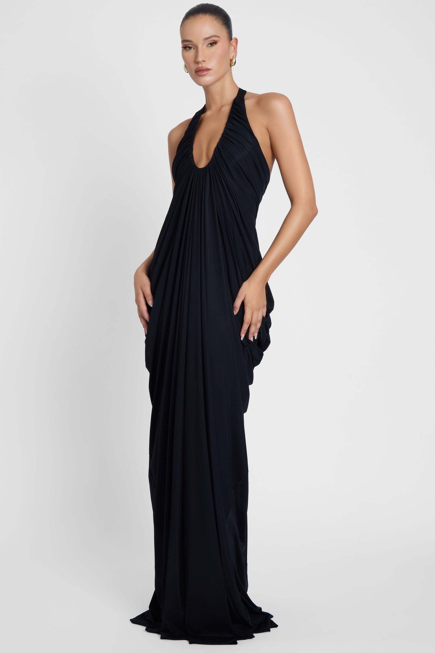 Halter Draped Design Maxi Dress Black HV0068