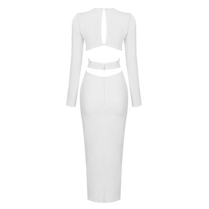 Long Sleeve Cut Out Midi Dress White HV8256