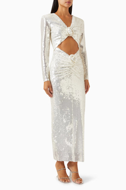 Long Sleeve Flower Detail Sequin Midi Dress White