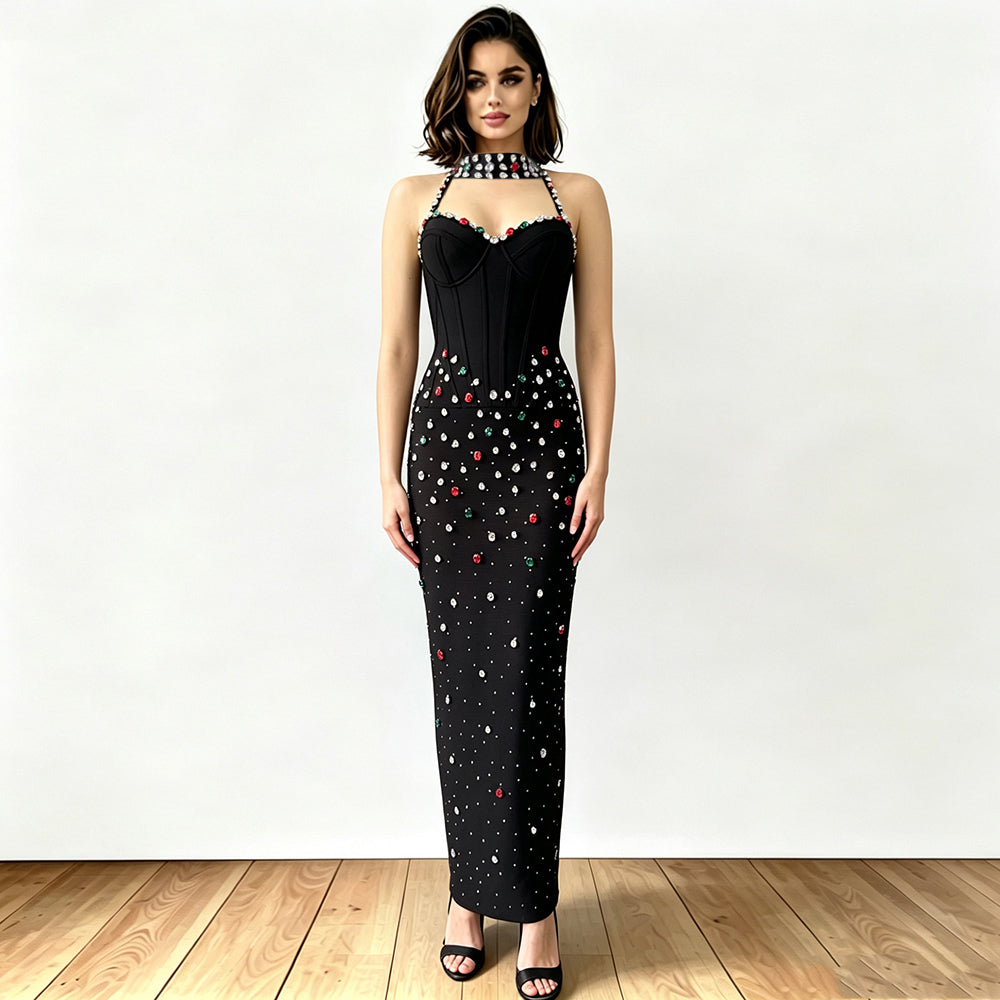 Halter Crystal Structured Bustier Maxi Dress Black HV3092