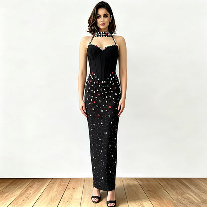 Halter Crystal Structured Bustier Maxi Dress Black HV3092