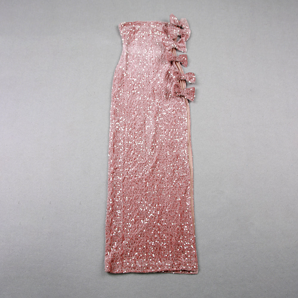 Strapless Bow Sequin Velvet Maxi Dress Pink HV9956