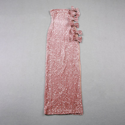 Strapless Bow Sequin Velvet Maxi Dress Pink HV9956