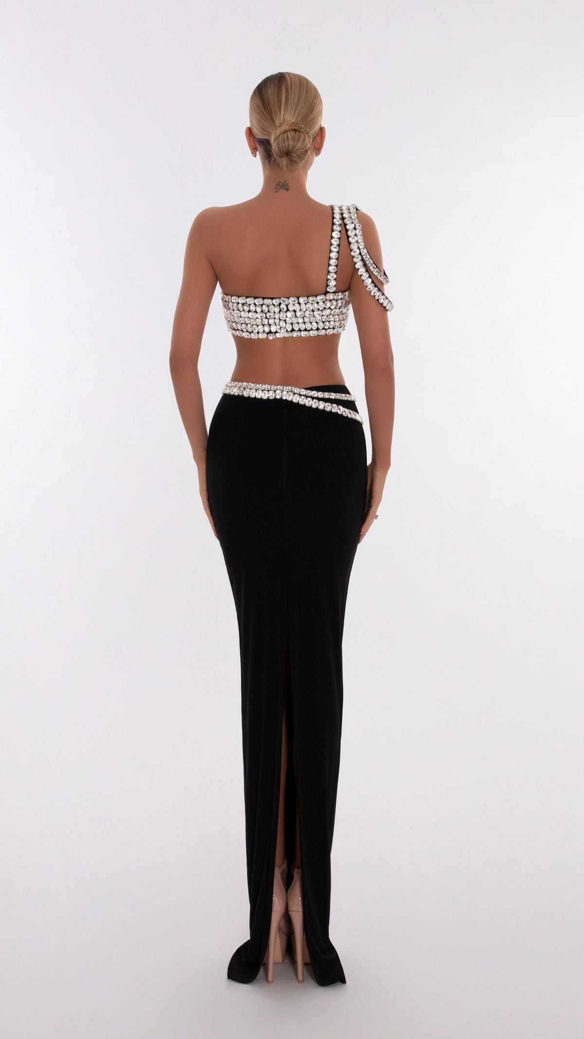 One Shoulder Crystal Trims Maxi Dress Black HV1394