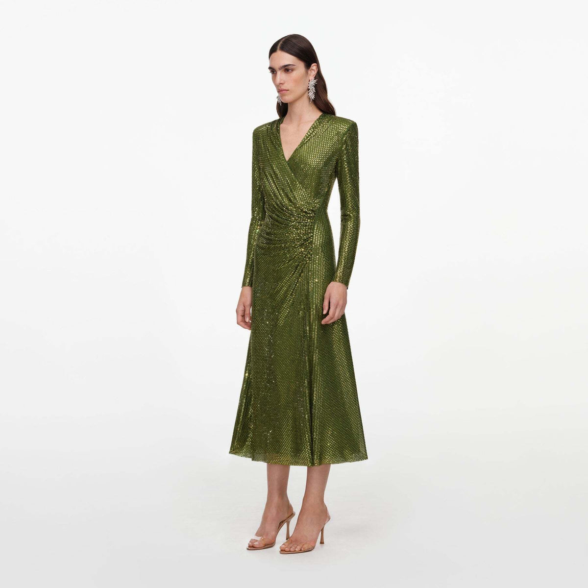 Long Sleeve Embellished A Line Midi Dress Green HV2836