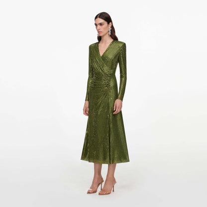 Long Sleeve Embellished A Line Midi Dress Green HV2836