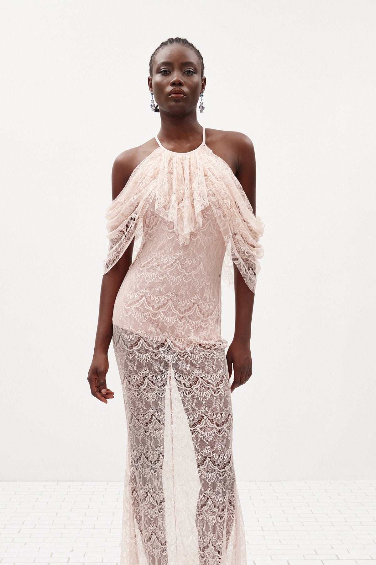 Halter Ruffle Draped Lace Maxi Dress Pink HV3190