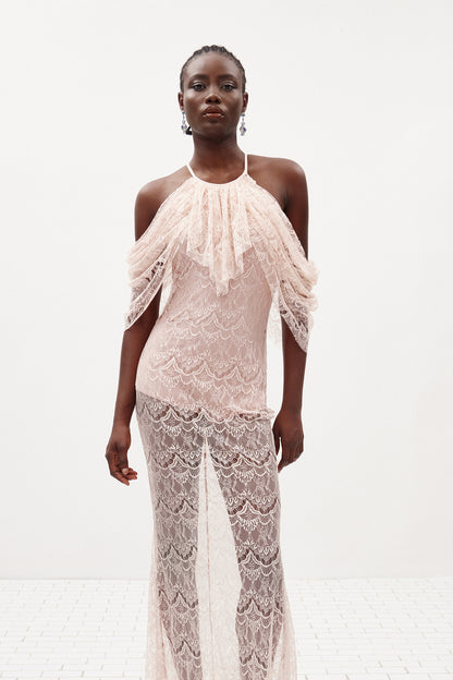 Halter Ruffle Draped Lace Maxi Dress Pink HV3190